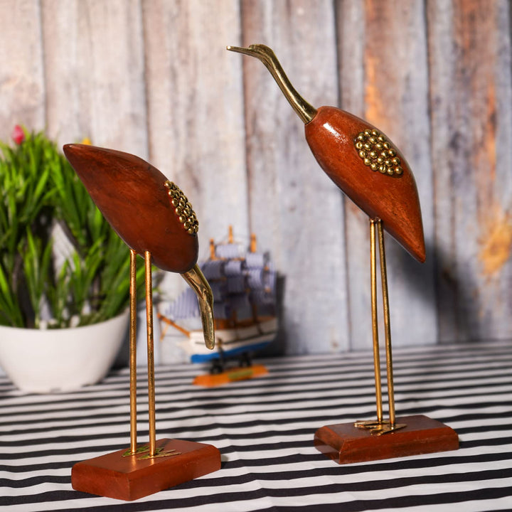 Naayaab Craft Wooden and Brass Saras,Wooden Antique Decorative Saras Swan Crane Love Birds Fantasy Showpiece for Home Decor-Set of 2,Size:- Big(5 X 9 X 29Cm)&Small(5 X 9 X 20Cm)