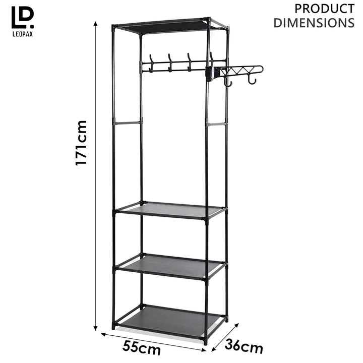 LEOPAX Coat Rack Freestanding Metal Clothes Stand With 10 Hooks & 4 Storage Shelves, Garment Rack Organizer for Bedroom, Hallway, Entryway & Office - Size - (55 x 36 x 171) cm - Black