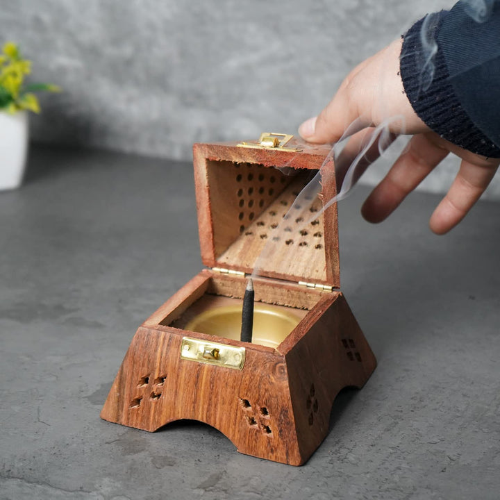 Naayaab Craft Pakka Sheesham Wood Agarbatti Incense Stick Box and Dhoop Stand Ash Catcher Decorative Handicraft Incense Holder (X-Large (10 x 10 x 15cm))