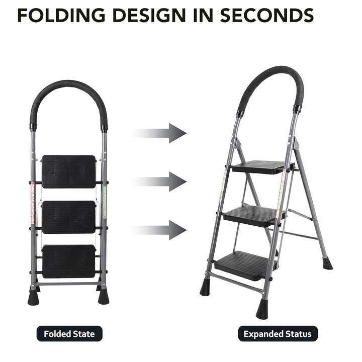 Naayaab Craft Step Stool Folding 3 Step Ladder | Heavy Duty Metal Iron Sturdy Wide Pedal | Lightweight | Anti-Slip | Portable & Collapsible | Step Ladder Perfect for Kitchen & Household