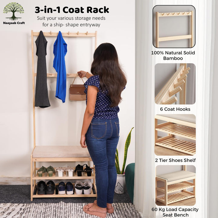 Naayaab Craft Freestanding Bamboo Coat Rack with Shoe Bench with 12 Coat Hooks and 2 Shoe Storage Shelves for Living Room - (70 x 31 x 172 cm) - Beige