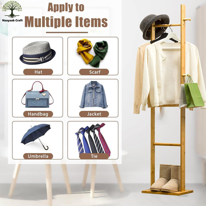 Naayaab Craft Premium Bamboo Wooden Clothes Stand with 3 Hooks & Bottom Shelves for Bedroom, Entryway, Livingroom & Office, Coat Tree Stand Rack for Hat, Scarves & Handbags - (33 x 24 x 163)CM - Beige