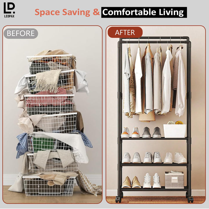 LEOPAX Heavy Duty Garment Rack, Multipurpose Dual Pole Metal Cloth Storage Organizer with 3 Bottom Shelves & Wheels for Bedroom, Hallway & Entryway - Size - (55 x 34 x 153) cm - Black