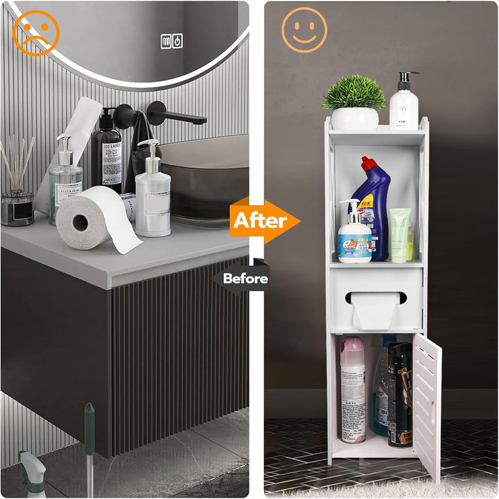 Naayaab Craft Bathroom Storage Cabinet With Toilet Paper Holder, Doors And Shelf, Multipurpose Corner Shelf For Office Living Room Kitchen Bathroom - Size (20 X 20.5 X 80 Cm) - White - Plastic