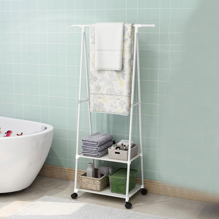 LEOPAX Coat Clothes Rack Stand, Metal Rolling Garment Rack with Shelf & Lockable Wheels-White (160 x 55 x 42cm)