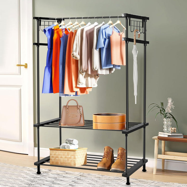 LEOPAX 2-In-1 Metal Garment Rack With Clothes Hanger, 2 Tier Wire Coat Storage Organizers Laundry Holders With 2 Metal Shelves And 10 Side Hook For Home, Garment Rack Black, 30 X 82 X 138 Cm