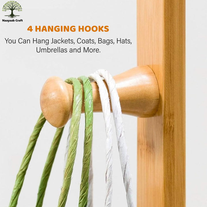 Naayaab Craft Premium Bamboo Wooden Clothes Stand with 3 Hooks & Bottom Shelves for Bedroom, Entryway, Livingroom & Office, Coat Tree Stand Rack for Hat, Scarves & Handbags - (33 x 24 x 163)CM - Beige