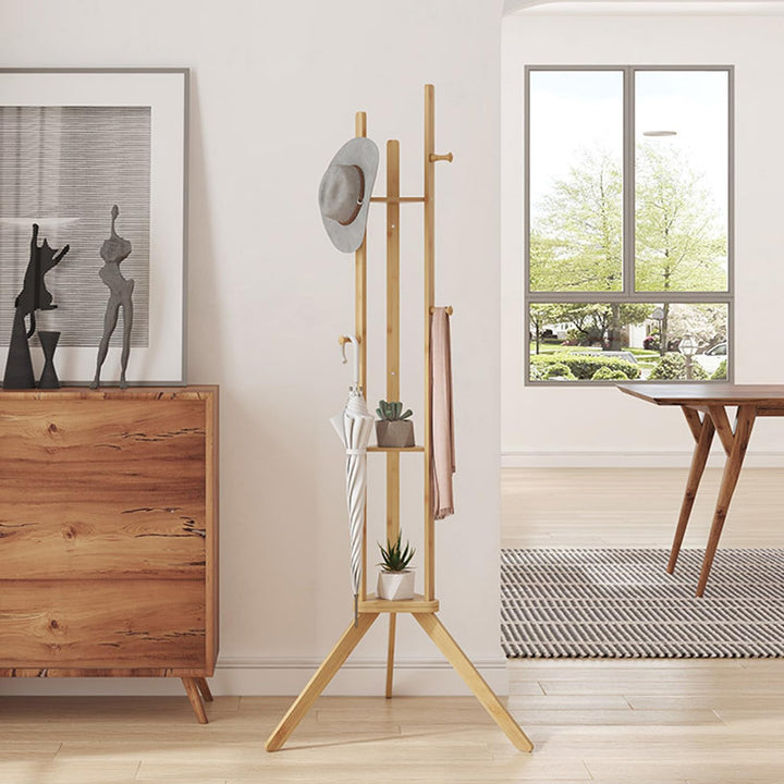 Naayaab Craft Multipurpose Bamboo Coat Hanger Stand with 3 Shelf for Hats, Bags, Coats, Scarves, Jackets & Umbrellas, Corner Coat Rack for Bedroom, Living Room Or Entryway (45 x 45 x 167) CM - Beige