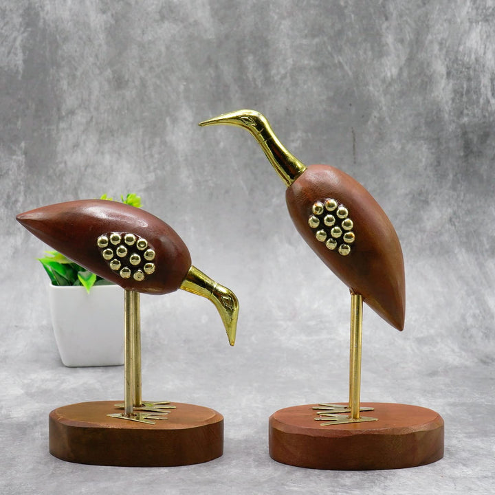 Naayaab Craft Wooden and Brass Saras,Wooden Antique Decorative Saras Swan Crane Love Birds Fantasy Showpiece for Home Decor-Set of 2,Size:- Big(5 X 9 X 29Cm)&Small(5 X 9 X 20Cm)
