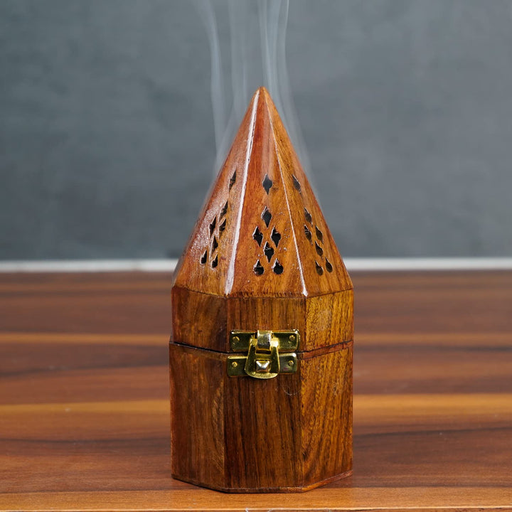 Naayaab Craft Pakka Sheesham Wood Agarbatti Incense Stick Box and Dhoop Stand Ash Catcher Decorative Handicraft Incense Holder - Large (10 x 10 x 18cm)(Conical)