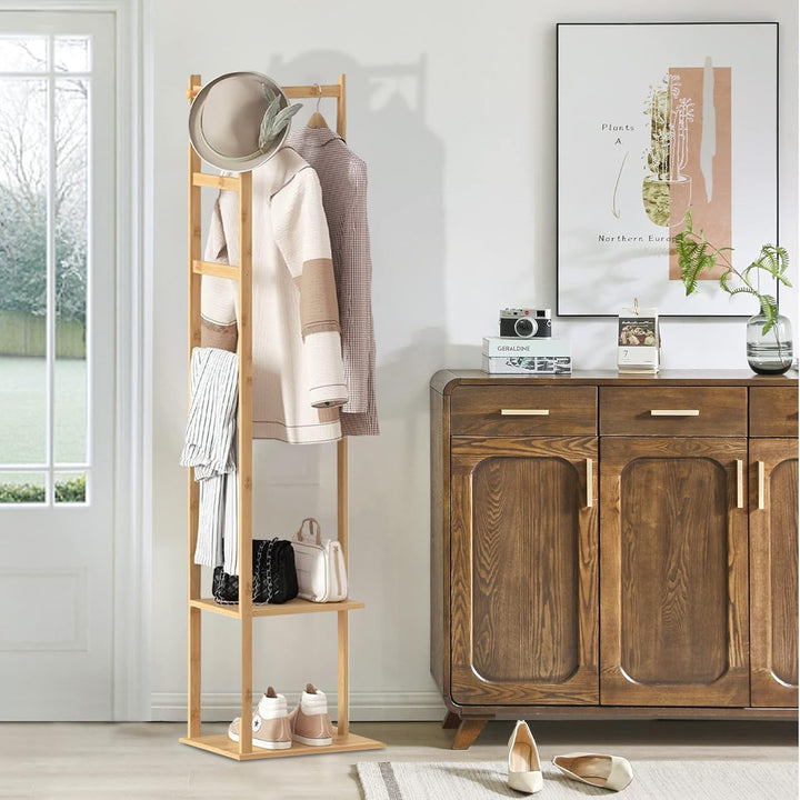 Naayaab Craft Freestanding Bamboo Wooden Corner Coat Hanger Stand with 2 Shelf, 3 Trouser Rod & 3 Hooks for Entryway, Living Room, Bedroom & Office (38 x 30 x 160) CM - Beige