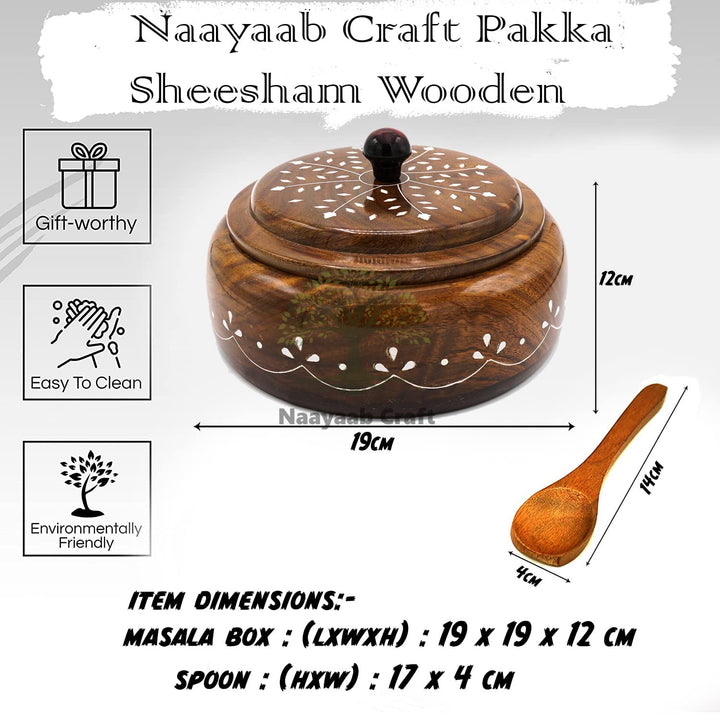 Naayaab Craft Pakka Sheesham Wooden Masala Box 4 Part - Anjarai Petti - Round Design -(19X12) Cm, Brown