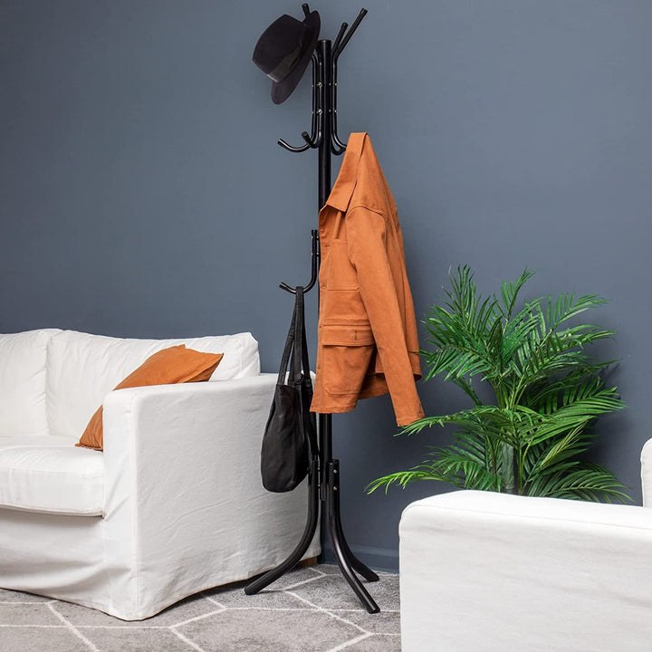 LEOPAX 8 Hook Metal Coat Stand | Coat Hanger for Hanging Clothes,Hats,Bag,Umbrella,Towels |Tree Standing Coat Rack | Clothing Rack, Modern Coat Hanger Stand for Home, Bedroom,Office(Black), Cm