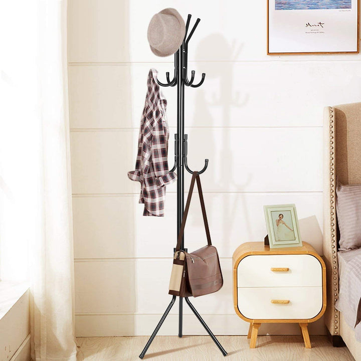 LEOPAX 8 Hook Metal Coat Stand | Coat Hanger for Hanging Clothes,Hats,Bag,Umbrella,Towels |Tree Standing Coat Rack | Clothing Rack, Modern Coat Hanger Stand for Home, Bedroom,Office(Black), Cm