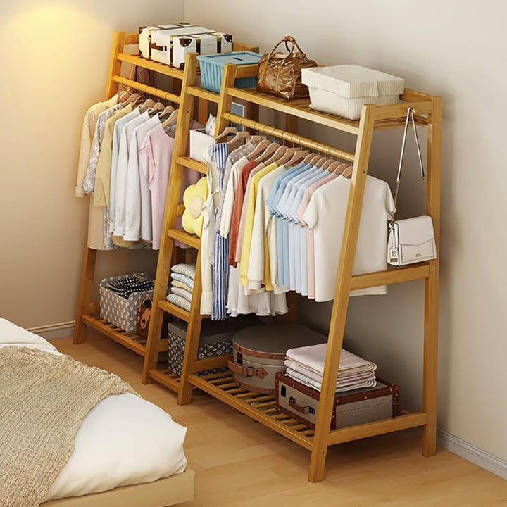 Naayaab Craft Premium Bamboo Clothes Garment Rack Dual Bar Coat Hanger Stand Clothing Storage Multipurpose Portable Wardrobe Closet Organizer Color - Brown (160 x 37 x 141cm)
