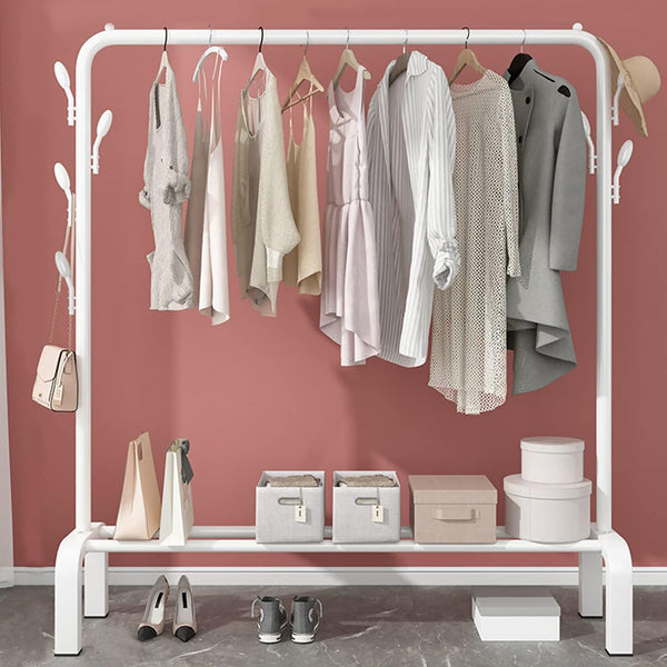 LEOPAX Heavy Duty Metal Coat Garment Rack with 6 Hooks, Top Rod and Lower Storage Shelf for Bedroom, Living Room and Entryway - (White) Size (107 x 40 x 150cm)