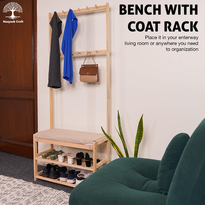Naayaab Craft Freestanding Bamboo Coat Rack with Shoe Bench with 12 Coat Hooks and 2 Shoe Storage Shelves for Living Room - (70 x 31 x 172 cm) - Beige
