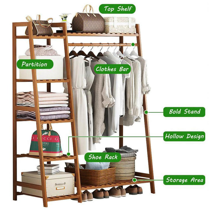 Naayaab Craft Bamboo Clothes Rack Heavy Duty Garment Stand Coat Hanging Stand, 5 Tier Storage Shelves Closet Organizer for Bedroom, Living Room & Entryway - (Size : 130 * 40 * 140cm)