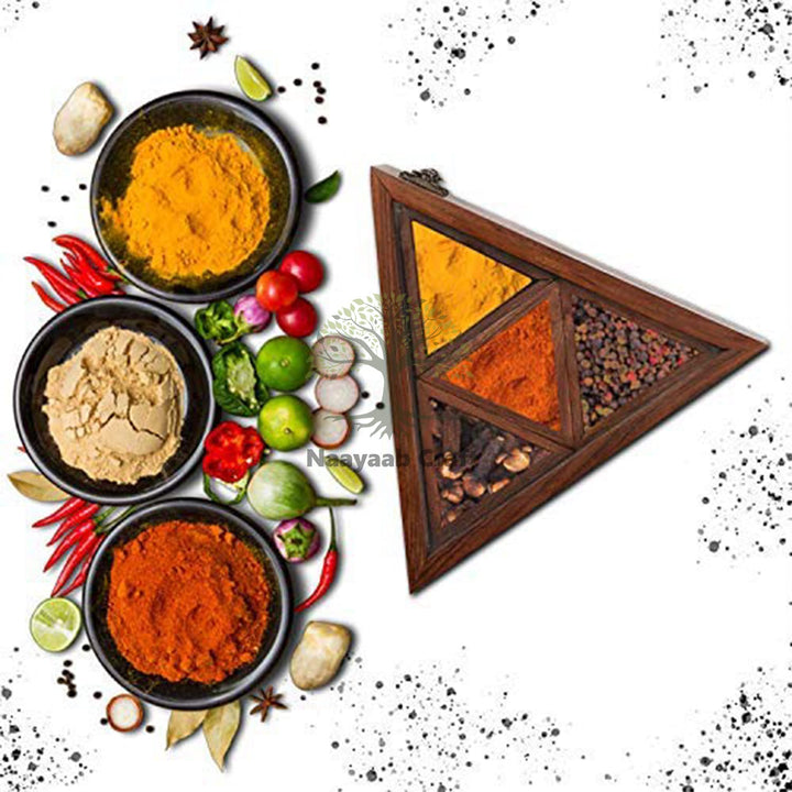 Naayaab Craft Sheesham Wooden Masala Spice Box with Spoon - Anjarai Petti - Spice Box - Triangular Design