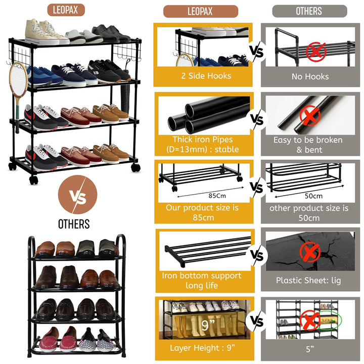 LEOPAX Shoe Rack, Multi Pairs Shoe Storage Organizer, 4 Tiers Shoe Stand, Easy Assembly Stackable Sturdy Shoe Tower with 2 Hooks, Metal Shoe Shelf, Closet, Bedroom - Black (85 x 31 x 83cm)