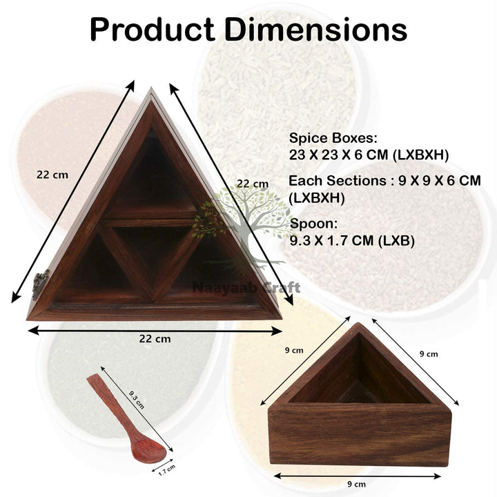 Naayaab Craft Sheesham Wooden Masala Spice Box with Spoon - Anjarai Petti - Spice Box - Triangular Design