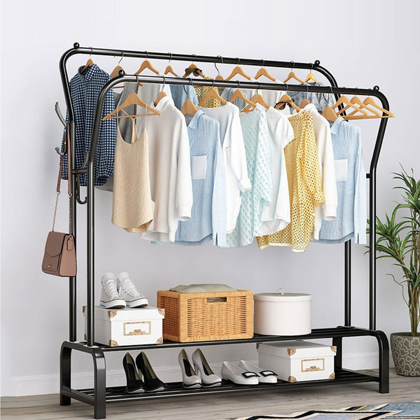 LEOPAX metal Double Pole Double Layer Clothing Rack with 2-Tier Lower Storage Shelf with Side Tree Holders, Clothes Rail for Livingroom, Bedroom, Hallway - (Black, 108 x 31 x 146cm)