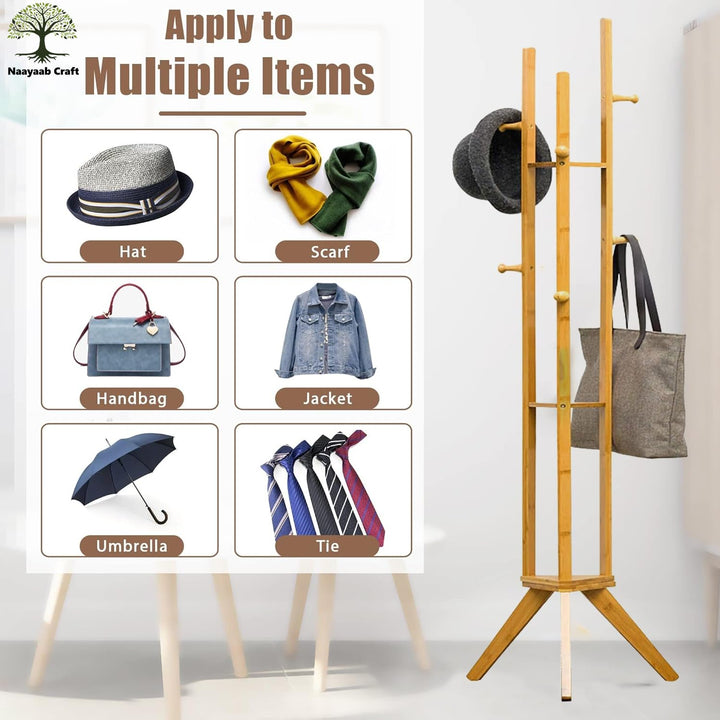 Naayaab Craft Multipurpose Bamboo Coat Hanger Stand with 3 Shelf for Hats, Bags, Coats, Scarves, Jackets & Umbrellas, Corner Coat Rack for Bedroom, Living Room Or Entryway (45 x 45 x 167) CM - Beige