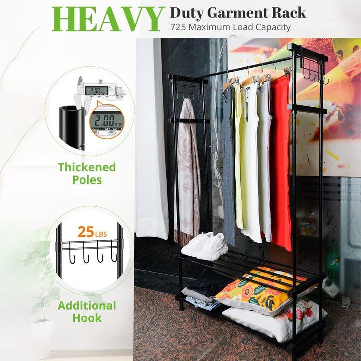 LEOPAX 2-In-1 Metal Garment Rack With Clothes Hanger, 2 Tier Wire Coat Storage Organizers Laundry Holders With 2 Metal Shelves And 10 Side Hook For Home, Garment Rack Black, 30 X 82 X 138 Cm