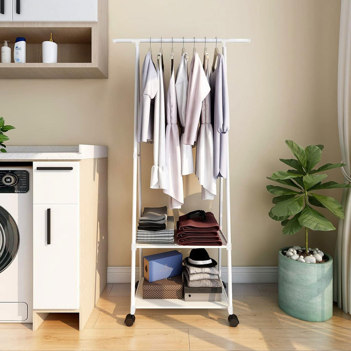 LEOPAX Coat Clothes Rack Stand, Metal Rolling Garment Rack with Shelf & Lockable Wheels-White (160 x 55 x 42cm)