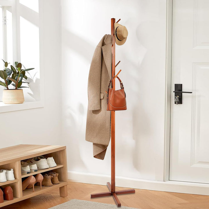 Naayaab Craft Clothes Rack Free Standing Tree Shaped Bamboo Coat Stand with 8 Hooks for Hanging Coats Hats Bag - Cloth Stand (50 x 50 x 151cm) - Dark Brown