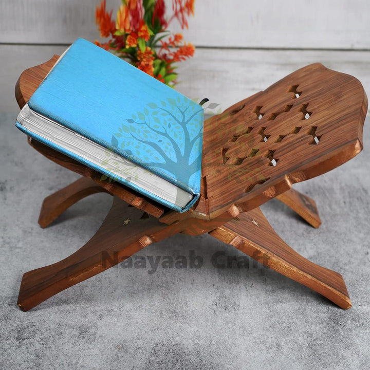 Naayaab Craft Handmade & Handcraft Rehal Sheesham Wood Holy Book Stand Holder for Bible, Geeta, Quran in Folding and Carved Design Book Holder Display Stand - Size (15 Inch)