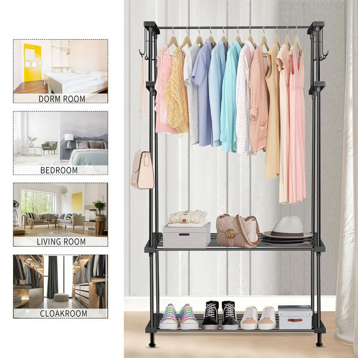 LEOPAX 2-In-1 Metal Garment Rack With Clothes Hanger, 2 Tier Wire Coat Storage Organizers Laundry Holders With 2 Metal Shelves And 10 Side Hook For Home, Garment Rack Black, 30 X 82 X 138 Cm