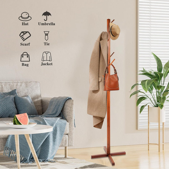 Naayaab Craft Clothes Rack Free Standing Tree Shaped Bamboo Coat Stand with 8 Hooks for Hanging Coats Hats Bag - Cloth Stand (50 x 50 x 151cm) - Dark Brown