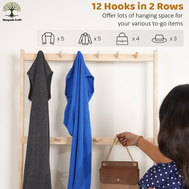 Naayaab Craft Freestanding Bamboo Coat Rack with Shoe Bench with 12 Coat Hooks and 2 Shoe Storage Shelves for Living Room - (70 x 31 x 172 cm) - Beige