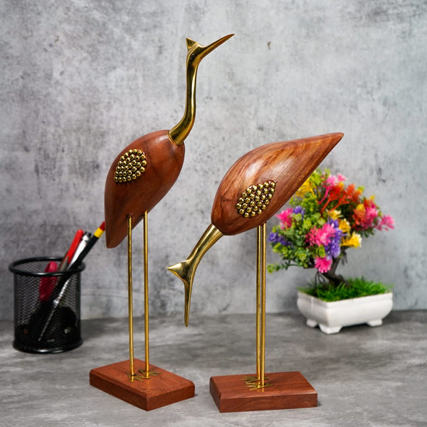 Naayaab Craft Good Luck Swan Home Decor Showpiece, Idols, Figurine for Home Office Décor,Love Bird Saras Made of Pakka Sheesham Wood and Brass - (Maroon, 12inch) Set of 2, Love