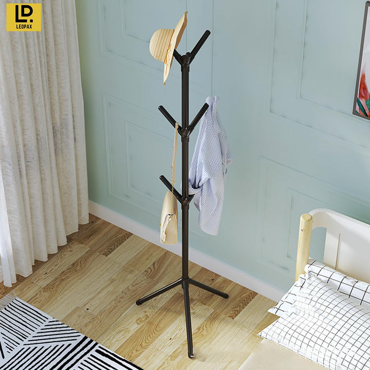 LEOPAX Metal 9 Hook Coat Hanger Stand for Hanging Clothes, Hats, Bag, Umbrella, Towels |Tree Standing Clothes Stand|Garment Rack, Modern Coat Stand for Home Living Room - Black, 450 x 450 x 1680 mm