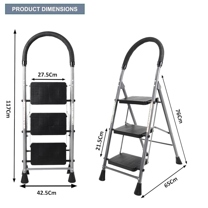Naayaab Craft Step Stool Folding 3 Step Ladder | Heavy Duty Metal Iron Sturdy Wide Pedal | Lightweight | Anti-Slip | Portable & Collapsible | Step Ladder Perfect for Kitchen & Household