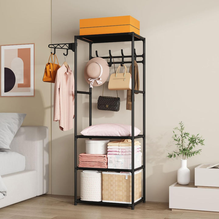 LEOPAX Coat Rack Freestanding Metal Clothes Stand With 10 Hooks & 4 Storage Shelves, Garment Rack Organizer for Bedroom, Hallway, Entryway & Office - Size - (55 x 36 x 171) cm - Black