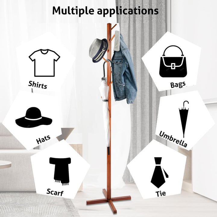 Naayaab Craft Clothes Rack Free Standing Tree Shaped Bamboo Coat Stand with 8 Hooks for Hanging Coats Hats Bag - Cloth Stand (50 x 50 x 151cm) - Dark Brown