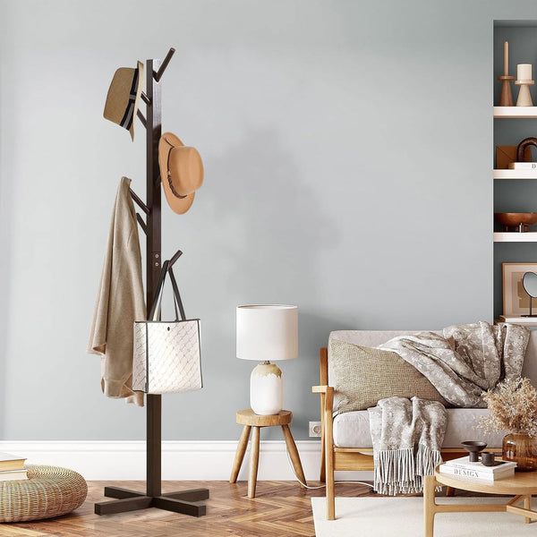 Naayaab Craft Clothes Rack Free Standing Tree Shaped Bamboo Coat Stand with 8 Hooks for Hanging Coats Hats Bag - Cloth Stand (50 x 50 x 151cm) - Dark Brown