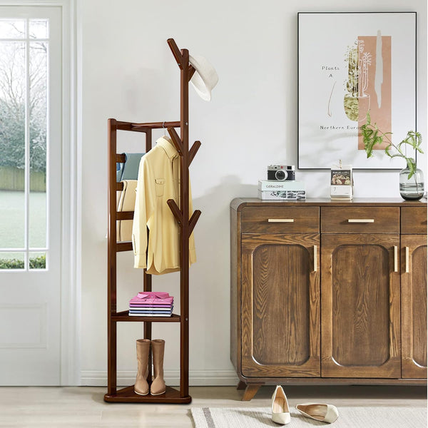 Naayaab Craft Premium Bamboo Wooden Coat Rack Stand with 6 Hooks, 4 Trouser Racks & 2 Storage Shelf, Multipurpose Freestanding Storage Organiser Garment Stand (36 x 36 x 168) CM - Light Brown