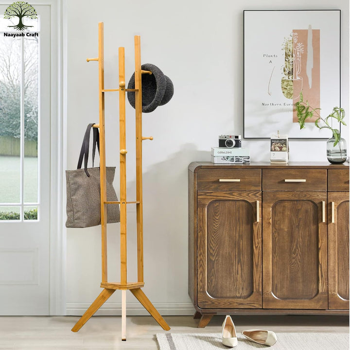 Naayaab Craft Multipurpose Bamboo Coat Hanger Stand with 3 Shelf for Hats, Bags, Coats, Scarves, Jackets & Umbrellas, Corner Coat Rack for Bedroom, Living Room Or Entryway (45 x 45 x 167) CM - Beige