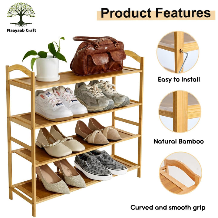Naayaab Craft Bamboo Shoe Racks 4 Tier Shoes Storage Shelf, Multi-Functional Shoe Storage Organiser Rack, Shoe Tower Shelf for Living Room, Entryway, Hallway - (89 x 23 x 69cm) - Natural
