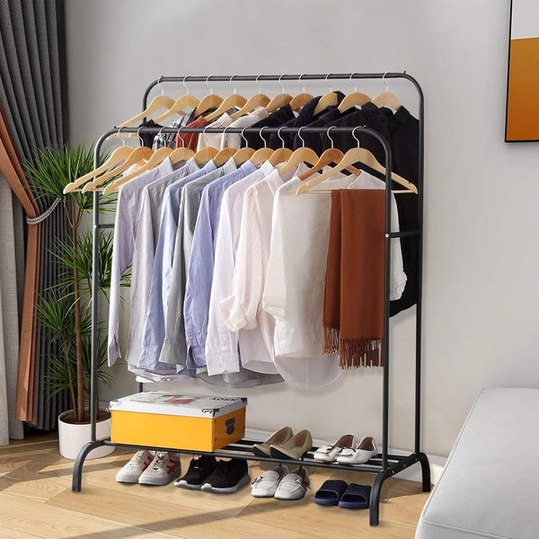LEOPAX Metal Double Rail Clothes Hanging Stand, Freestanding Garment Rack with Bottom Shelf, Closet Organizer for Livingroom, Bedroom, Hallway - (Black, 108 x 54 x 142cm)