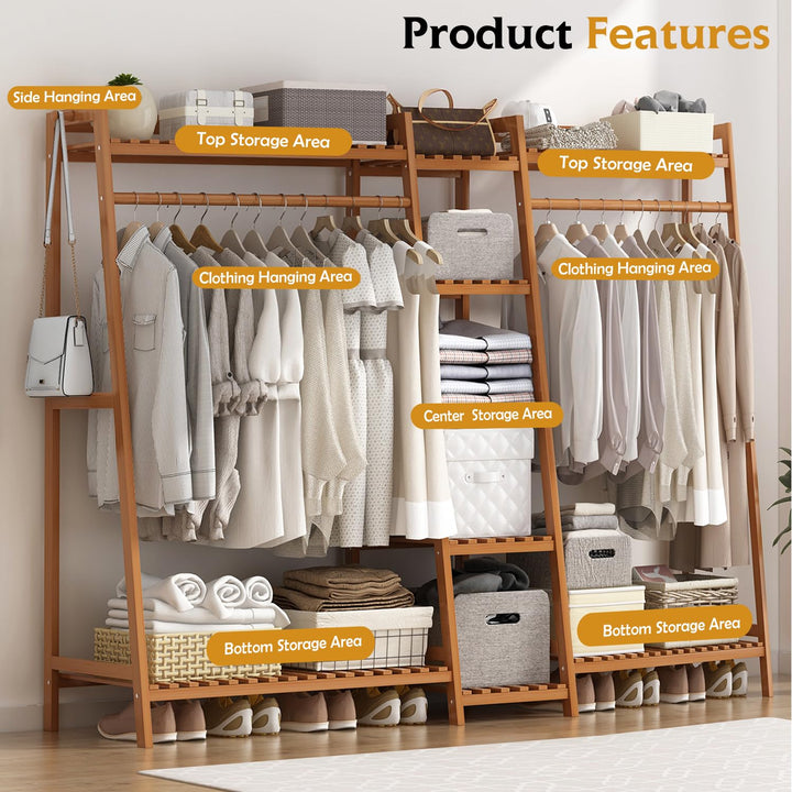 Naayaab Craft Premium Bamboo Clothes Garment Rack Dual Bar Coat Hanger Stand Clothing Storage Multipurpose Portable Wardrobe Closet Organizer Color - Brown (160 x 37 x 141cm)