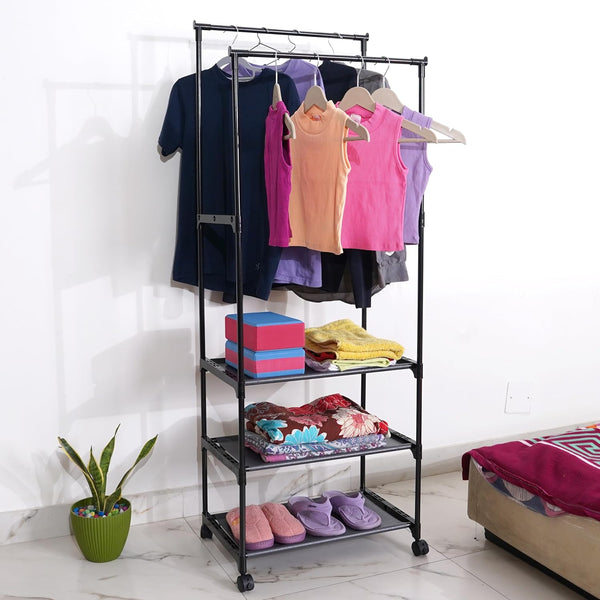 LEOPAX Heavy Duty Garment Rack, Multipurpose Dual Pole Metal Cloth Storage Organizer with 3 Bottom Shelves & Wheels for Bedroom, Hallway & Entryway - Size - (55 x 34 x 153) cm - Black