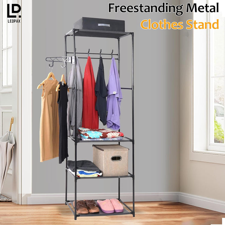LEOPAX Coat Rack Freestanding Metal Clothes Stand With 10 Hooks & 4 Storage Shelves, Garment Rack Organizer for Bedroom, Hallway, Entryway & Office - Size - (55 x 36 x 171) cm - Black
