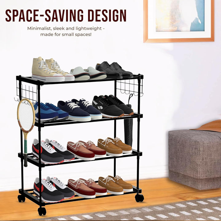 LEOPAX Shoe Rack, Multi Pairs Shoe Storage Organizer, 4 Tiers Shoe Stand, Easy Assembly Stackable Sturdy Shoe Tower with 2 Hooks, Metal Shoe Shelf, Closet, Bedroom - Black (85 x 31 x 83cm)