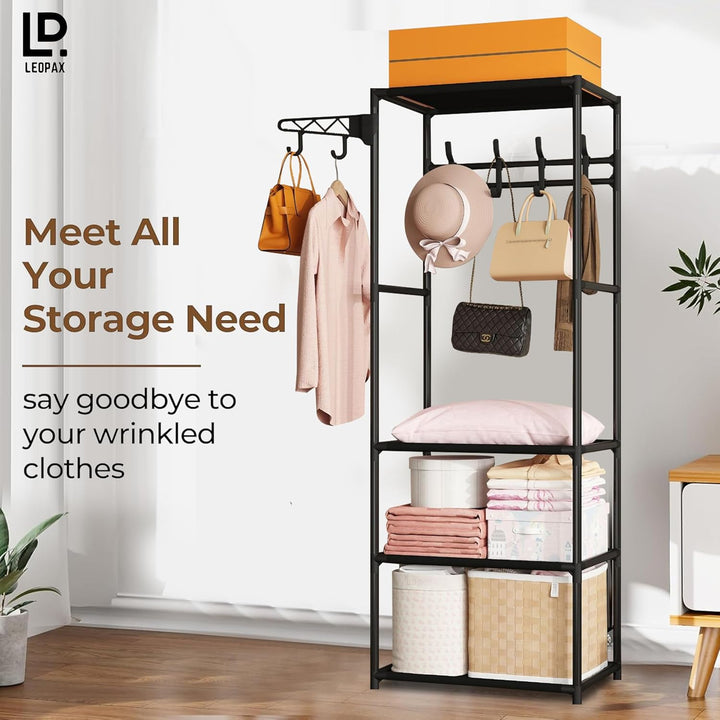 LEOPAX Coat Rack Freestanding Metal Clothes Stand With 10 Hooks & 4 Storage Shelves, Garment Rack Organizer for Bedroom, Hallway, Entryway & Office - Size - (55 x 36 x 171) cm - Black