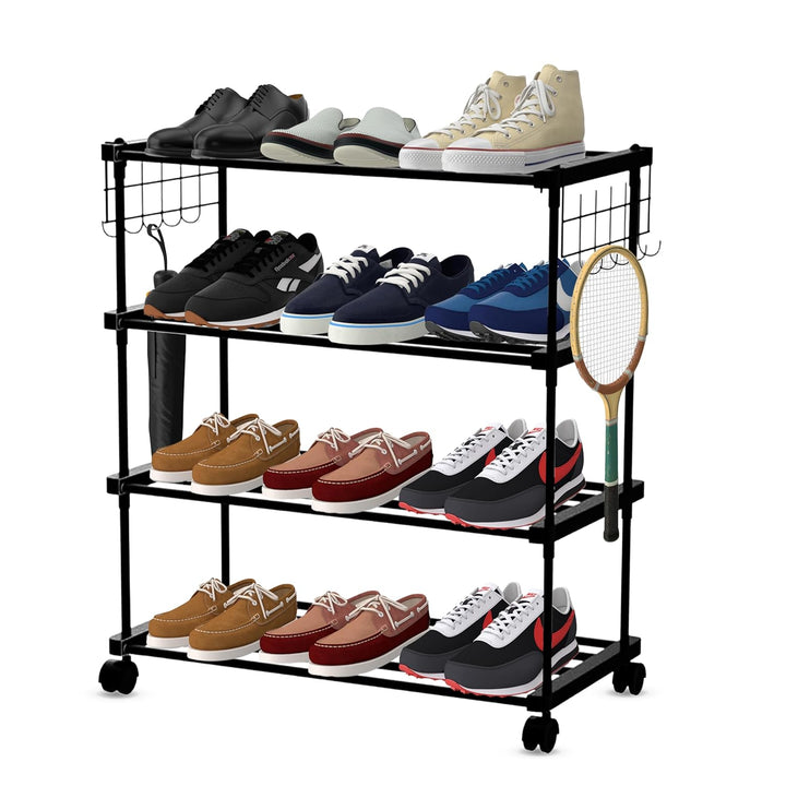 LEOPAX Shoe Rack, Multi Pairs Shoe Storage Organizer, 4 Tiers Shoe Stand, Easy Assembly Stackable Sturdy Shoe Tower with 2 Hooks, Metal Shoe Shelf, Closet, Bedroom - Black (85 x 31 x 83cm)